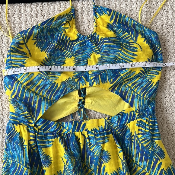 TANYA TAYLOR Palm Print Blue Yellow Halter Cutout Midi Dress 2 - Picture 9 of 10